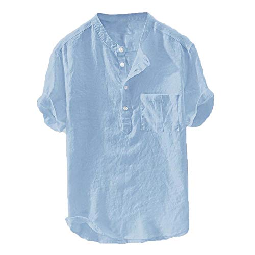 YEBIRAL Herren Hemd Kurzarm Leinenhemd Henley Shirt Männer Übergröße Einfarbig Leinen Freizeithemd Casual Lässig Bequem Atmungsaktiv Sommerhemden Loose Fit(XL,Blau) von YEBIRAL