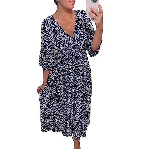 YEBIRAL Kleid Damen Sommer Boho Strandkleid Große Größen Freizeitkleid V-Ausschnitt Midikleid Halbarm Blumenkleid Loose Sommerkleid Hohe Taille Casual Kleider (#Rot, XL) von YEBIRAL