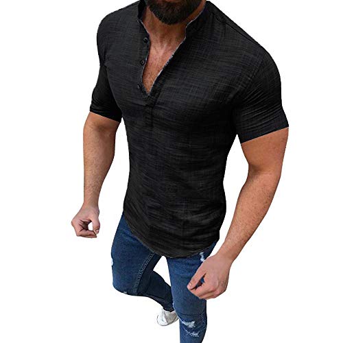 YEBIRAL Leinenhemd Herren Übergröße Kurzarm Stehkragen Button Down Freizeithemd Einfarbig T-Shirt Sommer Casual Hemd Leichte Atmungsaktiv Bequem Sommerhemden Regular Fit(5XL,Schwarz) von YEBIRAL