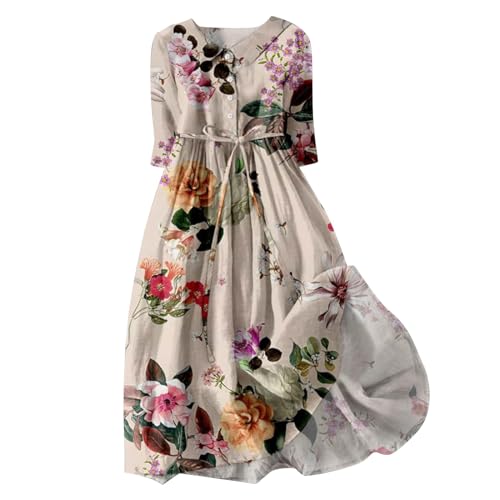 YEBIRAL Leinenkleid Damen Sommer Shirtkleid mit Knopfleiste Vorne Vintage Leinen Kleid A Linie Freizeitkleid Kurzarm Maxikleider Lässig Hemdkleid Blusenkleid Tunika Kleid mit Schnürung (Weiß, XL) von YEBIRAL