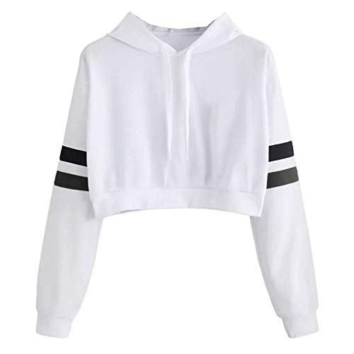 YEBIRAL Pullover Damen Bauchfrei, Teenager Mädchen Sweatjacke Streifen Sport Crop Tops Hoodie Sweatshirt Kapuzenpullover(S,Weiß) von YEBIRAL