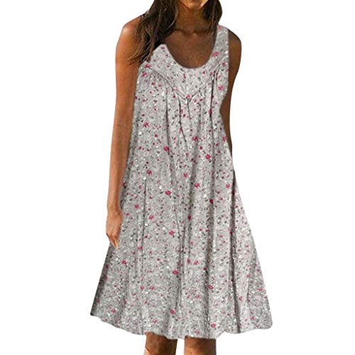 YEBIRAL Strandkleid Damen Große Größen Sommer Ärmellos Kleid Blumenmuster Sommerkleid Boho Knielang Kleider Casual A Linie Blumenkleid Rundhals Midikleid Freizeitkleid Tunika Kleid Midi (Grau, XXXXL) von YEBIRAL