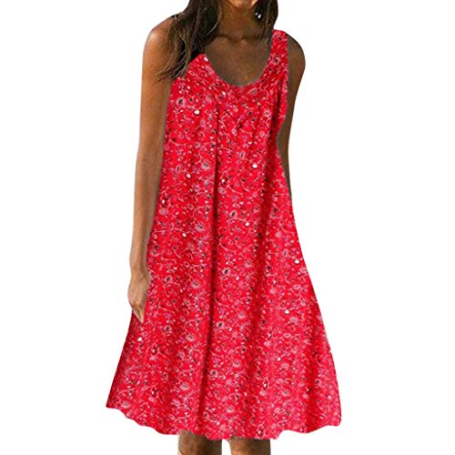 YEBIRAL Strandkleid Damen Große Größen Sommer Ärmellos Kleid Blumenmuster Sommerkleid Boho Knielang Kleider Casual A Linie Blumenkleid Rundhals Midikleid Freizeitkleid Tunika Kleid Midi (Rot, XXL) von YEBIRAL