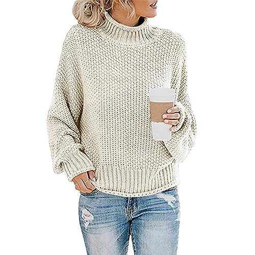 YEJSERE Damen-Pullover, Rollkragen, große Maschen, Oversize, Pullover, Strick, Damen, locker, warm, Strick, Jacquard, gedreht, langärmlig, dick, lässig, Pullover, weiß, Medium von YEJSERE