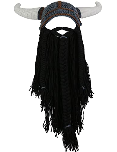 YEKEYI Big Horn Wikinger Mütze Beanie Bart Wikinger Strickmütze Barbarian Lustige Skimütze Lustige Halloween Mütze Weihnachtsmütze, Schwarz , 7.125 von YEKEYI