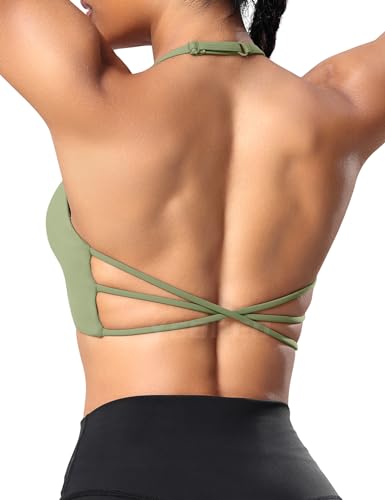 YEOREO Sport BH Damen Gepolstert Cross Back Spaghettiträger Rücken Verkreuzt Push Up BHS Gym Tops Sports Bra Bean Green S von YEOREO