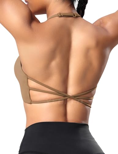 YEOREO Sport BH Damen Gepolstert Cross Back Spaghettiträger Rücken Verkreuzt Push Up BHS Gym Tops Sports Bra Braun M von YEOREO