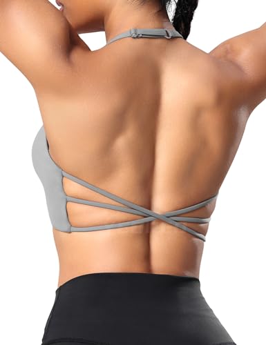 YEOREO Sport BH Damen Gepolstert Cross Back Spaghettiträger Rücken Verkreuzt Push Up BHS Gym Tops Sports Bra Hellgrau M von YEOREO