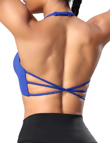 YEOREO Sport BH Damen Gepolstert Cross Back Spaghettiträger Rücken Verkreuzt Push Up BHS Gym Tops Sports Bra Klein Blau M von YEOREO