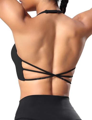 YEOREO Sport BH Damen Gepolstert Cross Back Spaghettiträger Rücken Verkreuzt Push Up BHS Gym Tops Sports Bra Schwarz L von YEOREO