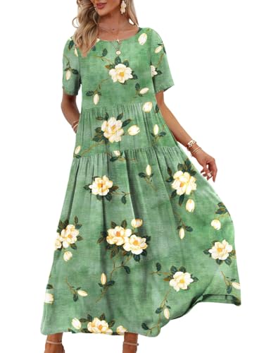 YESNO Damen Kleider Freizeit Lose Sommerkleid Lang Boho Maxikleid für Rundhals Strandkleid Blumenkleid 4XL EJFDE Floral 19 von YESNO