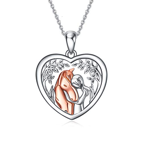 YFN 925 Sterling Silber Pferd Anhänger Halskette Mädchen Umarmung Pferd Geschenk für Mädchen Jungen Pferdeliebhaber (Rosenpferd mit Baumkette) von YFN