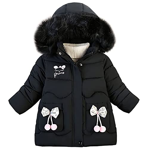 YFPICO Mädchen Verdickt Winterjacke,Kinder Baumwollgefuetterte Krawatte Wintermantel Parka Steppjacke mit Abnehmenbarer Fellkapuze Schwarz 116 von YFPICO