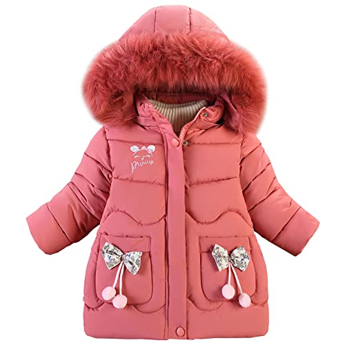 YFPICO Mädchen Verdickt Winterjacke,Kinder Baumwollgefuetterte Krawatte Wintermantel Parka Steppjacke mit Abnehmenbarer Fellkapuze von YFPICO