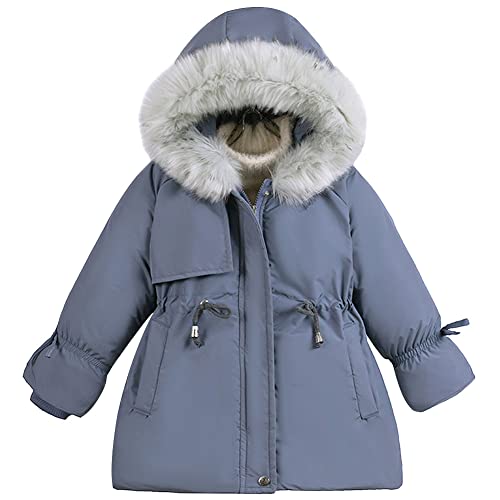 YFPICO Mädchen Winterjacke Parka Fleecefutter Jacke mit Fellkapuze Kapuze,Mädchen Gefüttert Warm Winterparka Wintermantel Kinderjacke Blau 122-128 von YFPICO