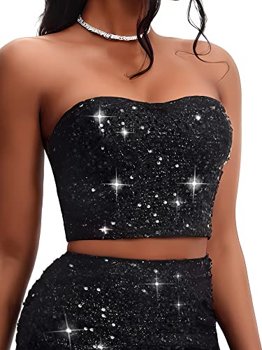 Damen Pailletten Bralette Trägerlos Neckholder Tank Top für Nacht Party Rave Short Top, Schwarz, Mittel von YHYJMY