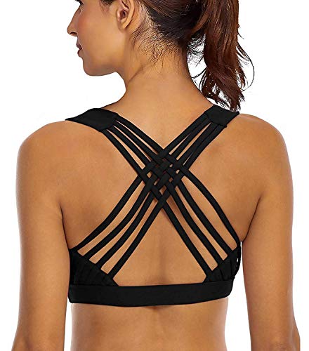 YIANNA Damen Sport BH Gepolstert Push Up Ohne Bügel Yoga BH Starker Halt X-Rücken Bustier Sport Bra Top Shirt Schwarz, YA 147 Size S von YIANNA