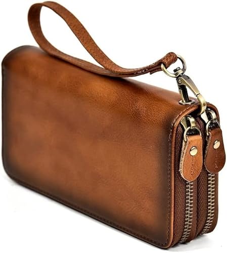 YIHANSS Geldbörsen Vintage Echtes Leder Lange Geldbörse Leder Geldbörse für Herren Clutch Geldbörse Doppelter Reißverschluss Kartenhalter (Farbe: B) von YIHANSS