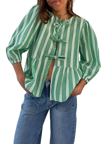 YILEEGOO Damen-Bluse mit Puffärmeln und Schößchen, Y2K, Schnürung vorne, Rüschensaum, lässig, lockere Bluse, elegantes Babydoll-Top, niedliches Oberteil zum Ausgehen, Z4 Grün, Small YILEEGOO Damen-Bluse mit Puffärmeln und Schößchen, Y2K, Schnürung vorne, Rüschensaum, lässig, lockere Bluse, elegantes Babydoll-Top, niedliches Oberteil zum Ausgehen, Z4 Grün, Small von YILEEGOO