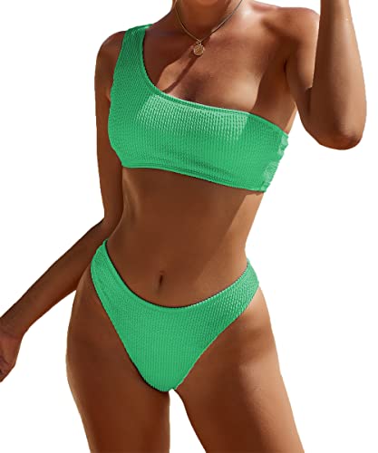 YIMISAN Damen Gerippte Bikini Sets One Shoulder Top Mid Waist Zweiteiliger Badeanzug, Seegrün, Medium von YIMISAN