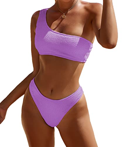 YIMISAN Geripptes Damen-Bikini-Set, einschultriges Oberteil mit mittlerer Taille, zweiteiliger Badeanzug, Violett, S von YIMISAN