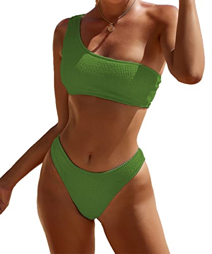 YIMISAN Damen Gerippte Bikini-Sets One Shoulder Top mit mittlerer Taille Zweiteiliger Badeanzug, Grün 1, S von YIMISAN