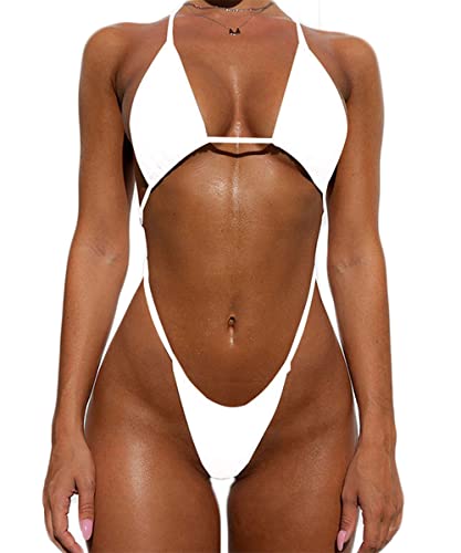 YIMISAN Damen Sexy Einteiler Sling Bikini High Cut Frecher Badeanzug Tanga Badeanzüge - Weiß - Medium von YIMISAN