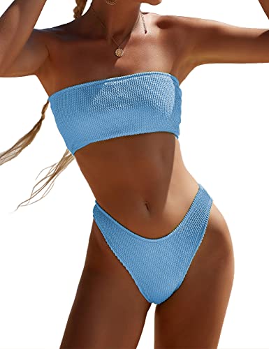 YIMISAN Damen Zweiteiliger Bandeau Badeanzug Geripptes trägerloses Schlauch-Bikinioberteil mit mittlerer Taille Freche Unterseite Badeanzug, Blau, Medium von YIMISAN