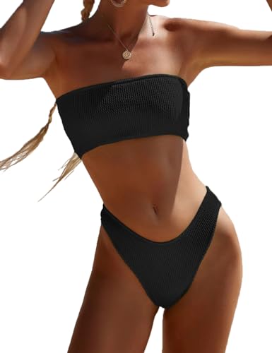 YIMISAN Damen Zweiteiliger Bandeau Badeanzug Geripptes trägerloses Schlauch-Bikinioberteil mit mittlerer Taille Freche Unterseite Badeanzug, Schwarz, S von YIMISAN