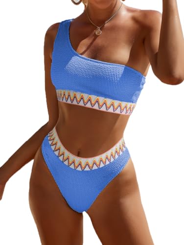 YIMISAN Geripptes Damen-Bikini-Set, einschultriges Oberteil mit mittlerer Taille, zweiteiliger Badeanzug, Blau1, Medium von YIMISAN