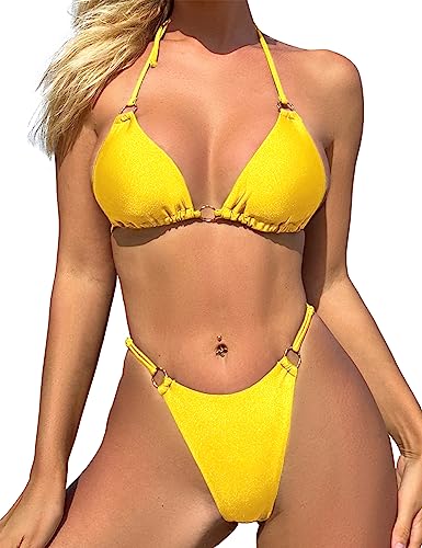 YIMISAN Sexy zweiteiliger Bikini Badeanzüge für Frauen O-Ring verbundene String Tanga Badeanzug, gelb, S von YIMISAN