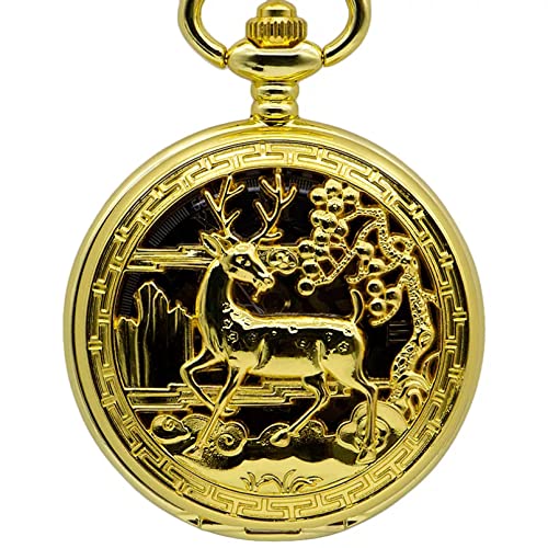 Herren- und Damenaccessoires Golden Flower Deer Carving Design Mechanische Taschenuhr mit FOB-Kette Hohlskelett Handaufzug für Männer Frauen Hochzeitstag Vatertag Weihnachten Geburtstagsgeschenk von YINGMUZI