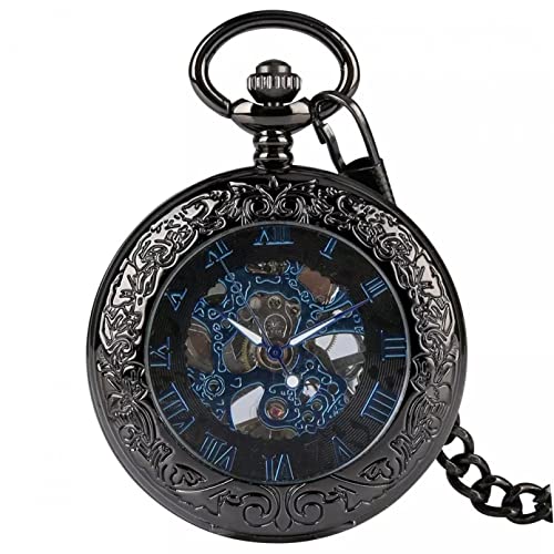 Herren- und Damenaccessoires Neue Ankunfts-Anhänger-Uhren Chic Blaue Römische Zahlen Transparente Mechanische Handaufzug-Taschenuhr Antik Hochzeitstag Vatertag Weihnachten Geburtstagsgeschenk von YINGMUZI