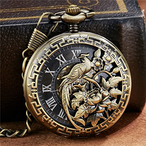 Retro Bronze Dragon Phoenix Flower Exquisite Skulptur Mechanische Taschenuhr Ketten Glücklicher Liebhaber Hochzeitsgeschenke Skeleton Watch Hochzeitstag Vatertag Weihnachten Geburtstagsgeschenk von YINGMUZI