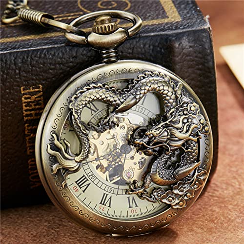 Retro Bronze Dragon Phoenix Flower Exquisite Skulptur Mechanische Taschenuhr Ketten Glücklicher Liebhaber Hochzeitsgeschenke Skeleton Watch Hochzeitstag Vatertag Weihnachten Geburtstagsgeschenk von YINGMUZI