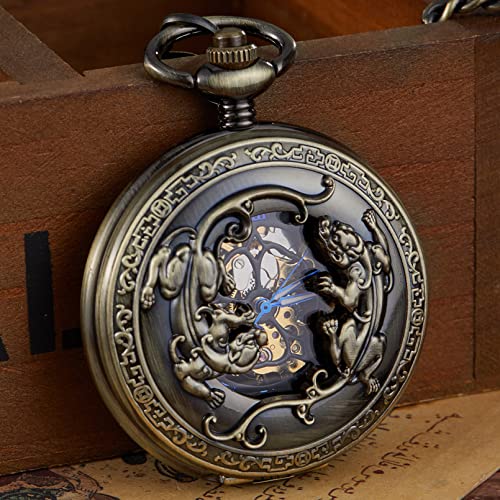 Retro Bronze Mechanische Taschenuhr Handaufzug Geschnitzte Doppel Brave Troops Lucky Gravierte Taschenuhren Schlüsselanhänger Flip Clock Hochzeitstag Vatertag Weihnachten Geburtstagsgeschenk von YINGMUZI