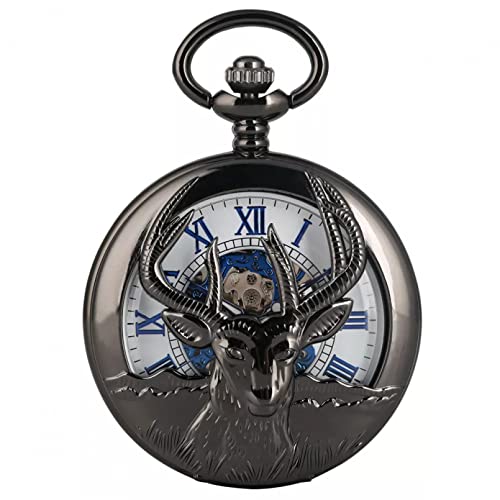 Steampunk Black Goat Head Display Mechanische Taschenuhr Männer Blaue römische Ziffer Zifferblatt Vintage Anhänger Kette Anhänger Geschenke Hochzeitstag Vatertag Weihnachten Geburtstagsgeschenk von YINGMUZI