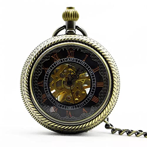 Stempunk Schwarzes Hohlglasgehäuse Blume Römische Zahl Zifferblatt Vintage Mechanische Taschenuhr mit FOB-Kette Luxusuhr Männer Geschenke Hochzeitstag Vatertag Weihnachten Geburtstagsgeschenk von YINGMUZI