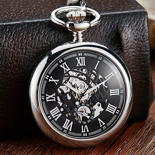 Vintage Hollow Skeleton Dial Mechanische Taschenuhr Männer Einzigartige Römische Ziffern Steampunk Silber Glatte Mechanische Uhren Ketten Hochzeitstag Vatertag Weihnachten Geburtstagsgeschenk von YINGMUZI