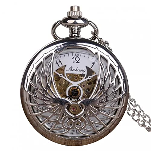 YINGMUZI 5 Stück Gehäuse Skeleton Taschenuhren Arbische Ziffern Stahl Mechanische Taschenuhr Doppel Silber Lange Halskette mit für Männer Frauen Hochzeitstag Vatertag Weihnachten Geburtstagsgeschenk von YINGMUZI