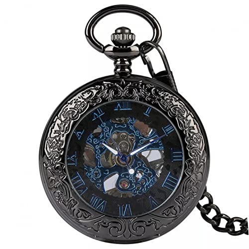 YINGMUZI Blaue römische Ziffern für Herren Mechanische Taschenuhr Transparenter Sichtmechanismus Manueller Taschenaufzug Antike Kette Hochzeitstag Vatertag Weihnachten Geburtstagsgeschenk von YINGMUZI