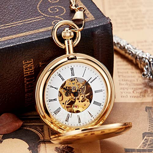 YINGMUZI Gold Mechanische Taschenuhr Männer Frauen Uhr Skeleton Gear Dial Flip Goldene Farbe Doppelgehäuse Kupfer FOB Kettenuhren Hochzeitstag Vatertag Weihnachten Geburtstagsgeschenk von YINGMUZI