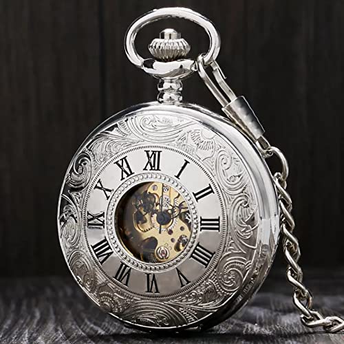 YINGMUZI Herren- und Damenaccessoires Vintage Silberne römische Ziffern Mechanische Taschenuhr Armband mit doppelter Öffnung Hochzeitstag Vatertag Weihnachten Geburtstagsgeschenk von YINGMUZI