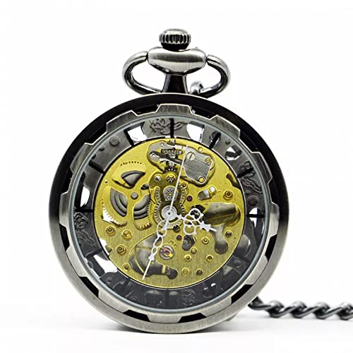 YINGMUZI Mechanische Taschenuhr aus schwarzem Stahl Steampunk Vintage Hollow Analog Skeleton Handaufzug Mechanische Taschenuhr Hochzeitstag Vatertag Weihnachten Geburtstagsgeschenk von YINGMUZI