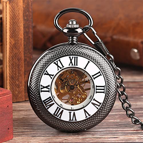 YINGMUZI Mechanische Taschenuhr mit Handaufzug, Handarmband mit römischer Ziffer, hohl, klar, manuelle Maschinen, Anhänger, Retro, Silber/Schwarz Hochzeitstag Vatertag Weihnachten Geburtstagsgeschenk von YINGMUZI