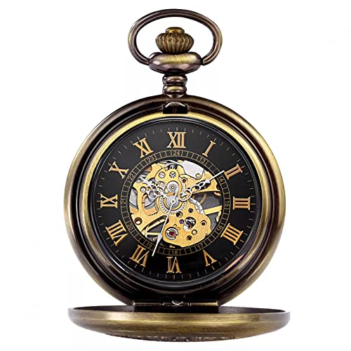 YINGMUZI Retro Bronze Hohl Bronze Mechanische Taschenuhr Römische Ziffern Zifferblatt Vintage Handaufzug Uhren Anhänger Kette Halskette Anhänger Hochzeitstag Vatertag Weihnachten Geburtstagsgeschenk von YINGMUZI