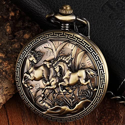 YINGMUZI Retro Hollow Horse Design Taschenuhr Herren Einzigartige FOB Kette Römisches Zifferblatt Steampunk Bronze Skeleton Mechanische Handaufzug Herrenuhr von YINGMUZI