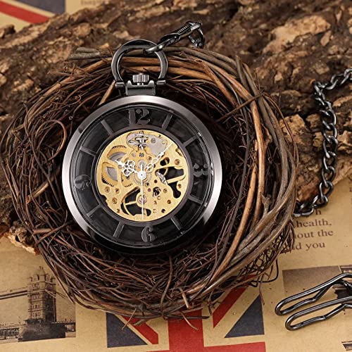 YINGMUZI Schwarze Glatte mechanische Taschenuhr transparente Uhr mit Handaufzug Hohle Steampunk-Skelett-FOB- Uhr-Ketten-Anhänger Hochzeitstag Vatertag Weihnachten Geburtstagsgeschenk von YINGMUZI