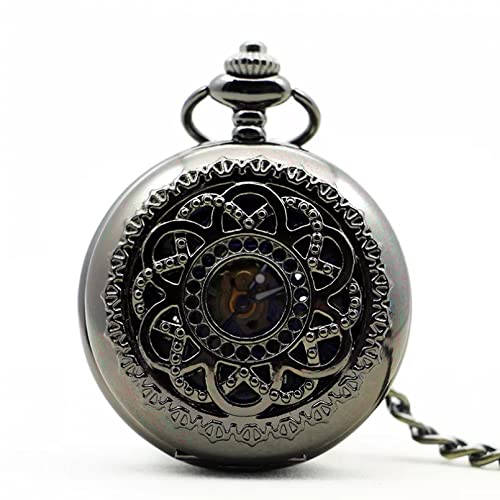 YINGMUZI Schwarze Hohl Vintage Mechanische Taschenuhr Männer Skeleton Carving Steampunk Fob Handuhr Mit Kette Halskette Frauen Männer Geschenk Hochzeitstag Vatertag Weihnachten Geburtstagsgeschenk von YINGMUZI