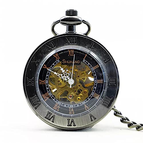 YINGMUZI Schwarze Roma Nummer Design Handaufzug Mechanische Taschenuhren Mit 30cm Kette Vintage Skeleton Dial Herrenuhren Uhr Geschenke Hochzeitstag Vatertag Weihnachten Geburtstagsgeschenk von YINGMUZI